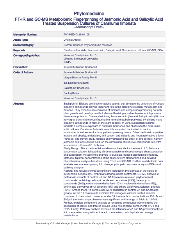 FT-IR and GC-MS Metabolomic Fingerprinting of Jasmonic Acid and Salicylic Acid Treated Suspension Cultures of Caralluma fimbriata